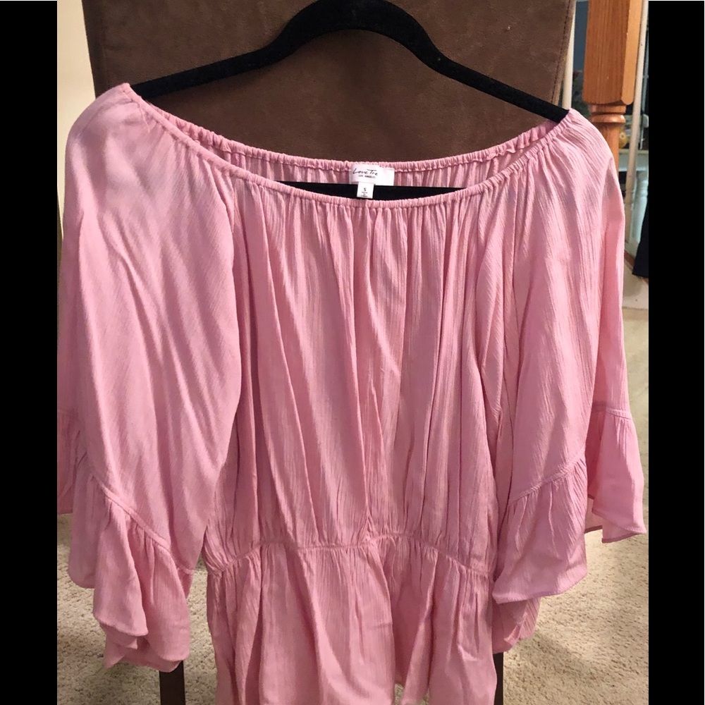 Love Tree pink linen sheer off shoulder blouse